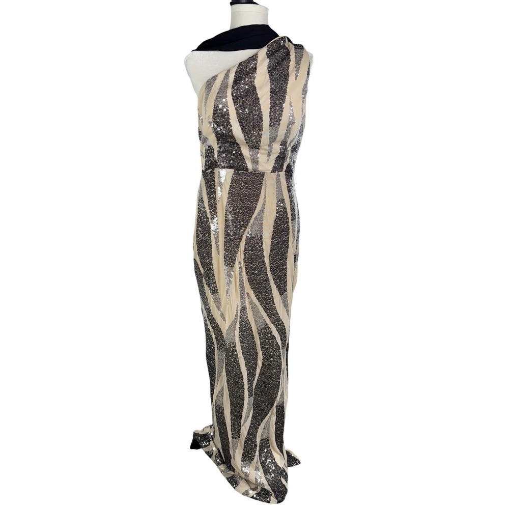 Miss Ord Sequin Zebra One Shoulder Gown Silver Black XL New With Tags Wrap Sash